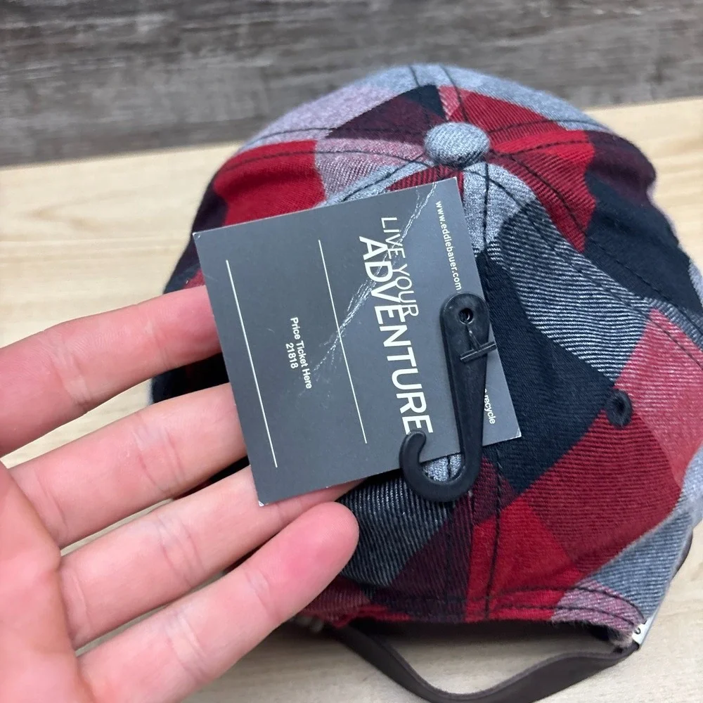 Eddie Bauer Hat Cap Strap Back Red Black Buffalo Check Plaid Flannel Outdoor NWT